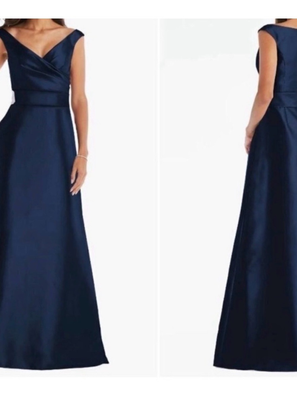 ALFRED SUNG Navy Satin V-Neck A-Line Evening Gown
